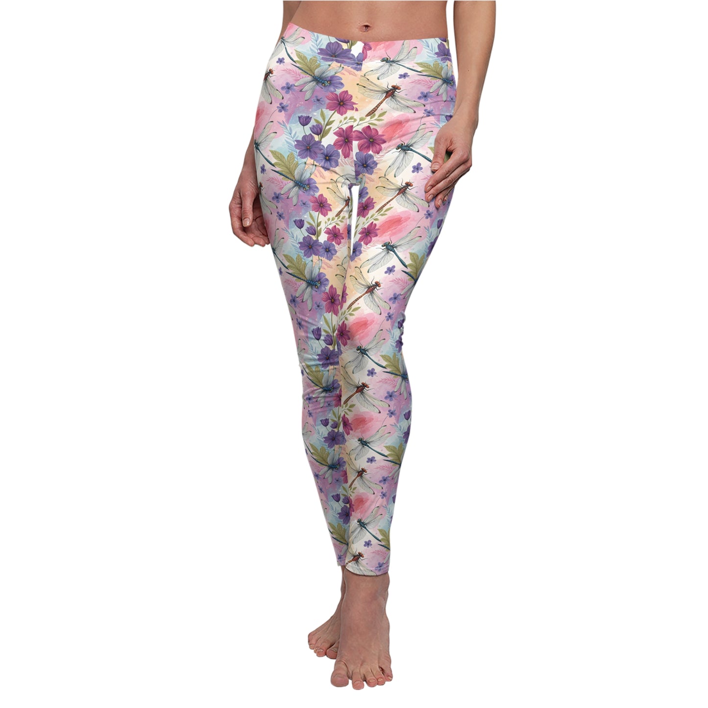 Women’s Leggings with Pastel Flowers and Dragonflies, Nature, Floral Casual Comfortable Stretchy Yoga Pants XS-2XL