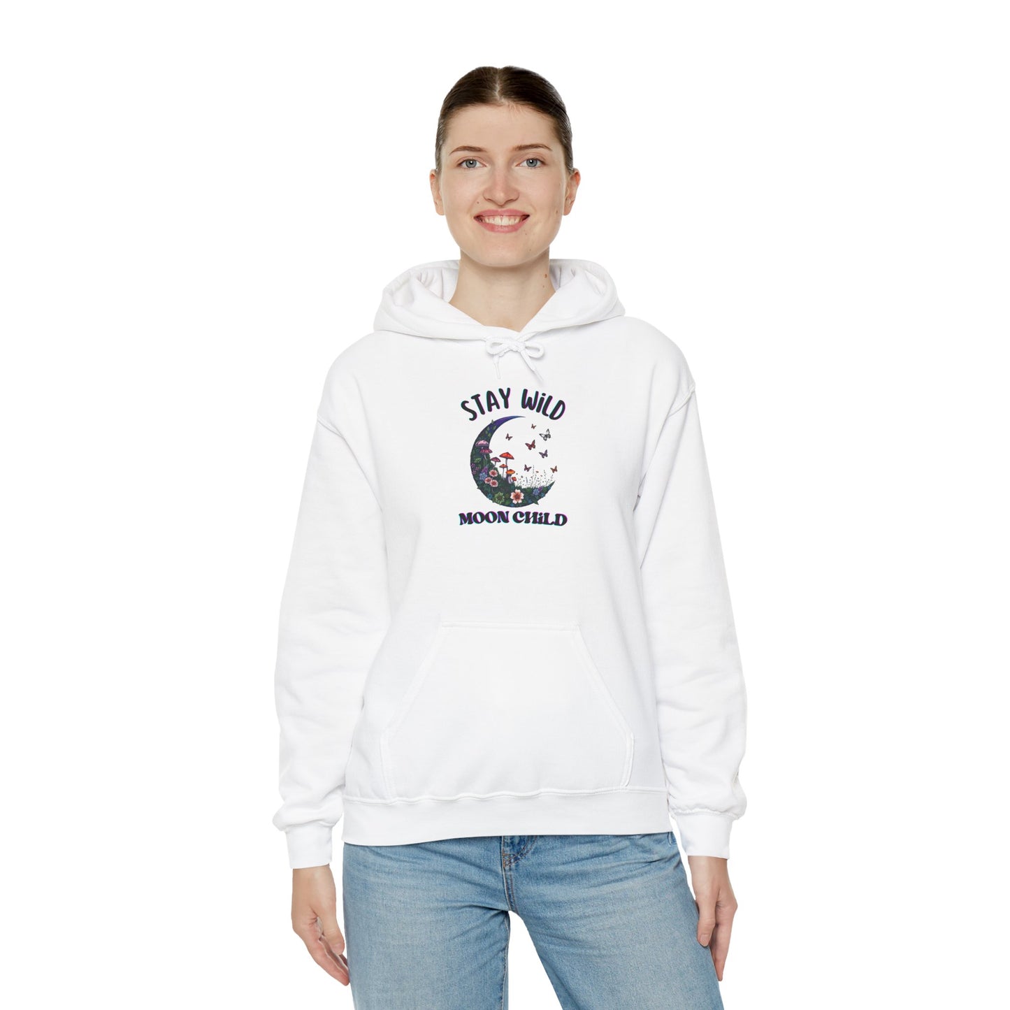 Unisex Adult Nature Crescent Moon Hoodie, “Stay Wild Moon Child”, Nature, Mushroom Flower Sweatshirt Gift S-5XL (Multiple Color Choices)