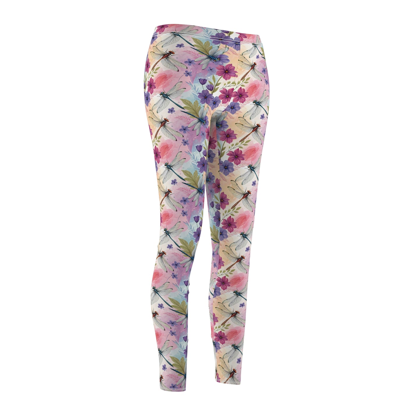 Women’s Leggings with Pastel Flowers and Dragonflies, Nature, Floral Casual Comfortable Stretchy Yoga Pants XS-2XL