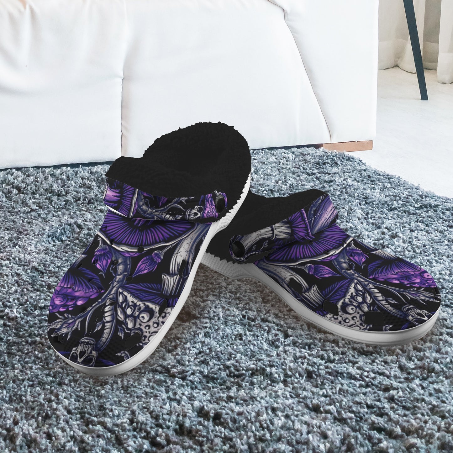 Custom Print Fleece Lined Adults Clogs Gothic Trendy Purple Mushrooms and Skulls