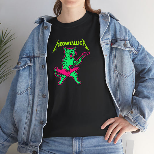 Heavyweight Cotton “Meowtallica” Tee Metallica Parody Neon Colors Cat Rockin’ Guitar