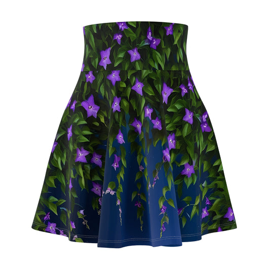 Women's Skater Skirt (AOP) Purple Clematis Night Bloom Vines Nature Flowers Florist, Gardener, Summer, Casual, XS-2XL
