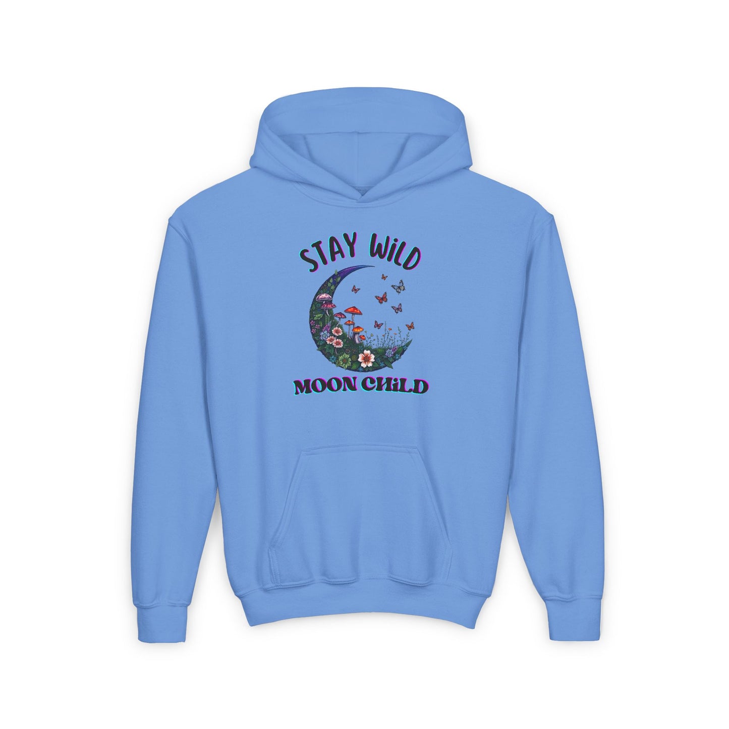 Youth Unisex Pullover Hoodie , Nature, “Stay Wild Moon Child“, Mushrooms, Butterflies, Crescent Moon Watercolor S-XL