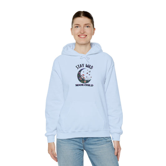 Unisex Adult Nature Crescent Moon Hoodie, “Stay Wild Moon Child”, Nature, Mushroom Flower Sweatshirt Gift S-5XL (Multiple Color Choices)