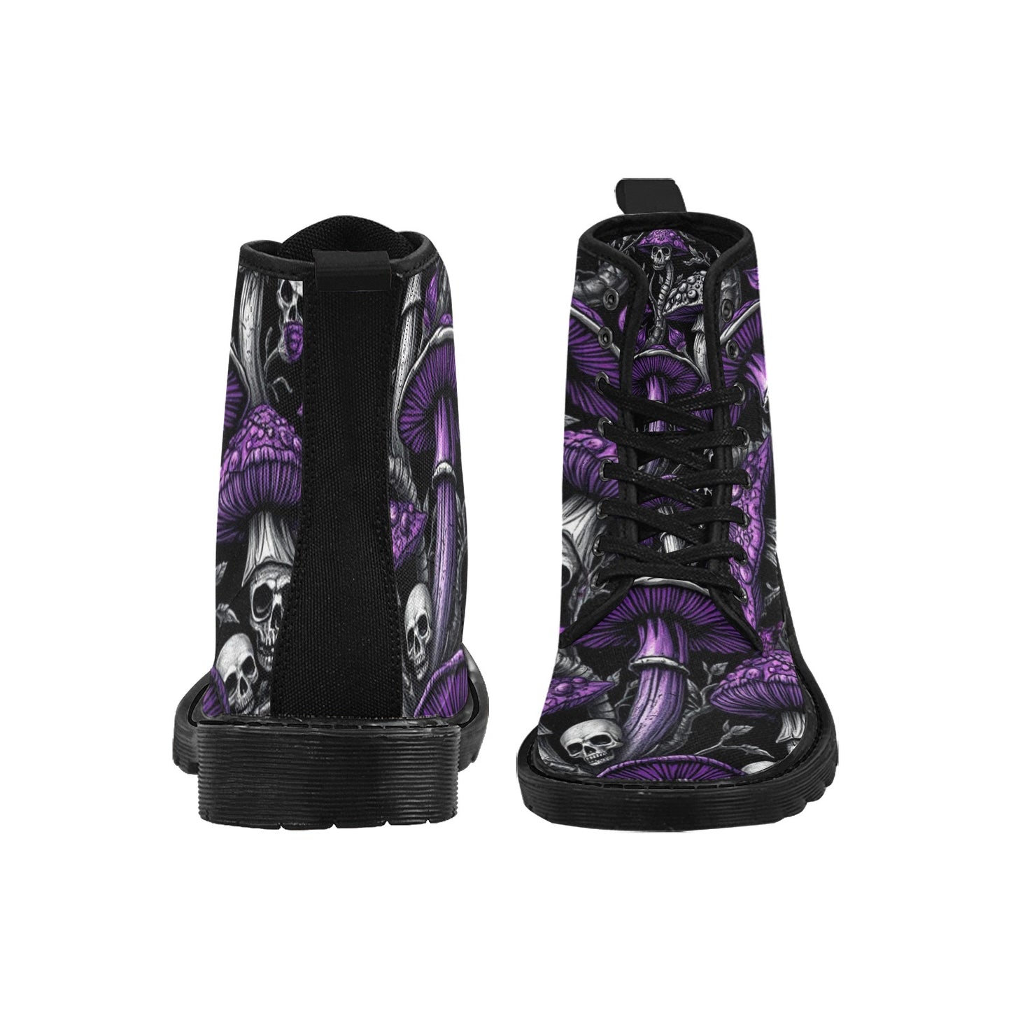 Gothic Purple & Black Mushrooms and Skull Combat Boots – Women’s Winter Lace-Up Canvas Boots Trendy