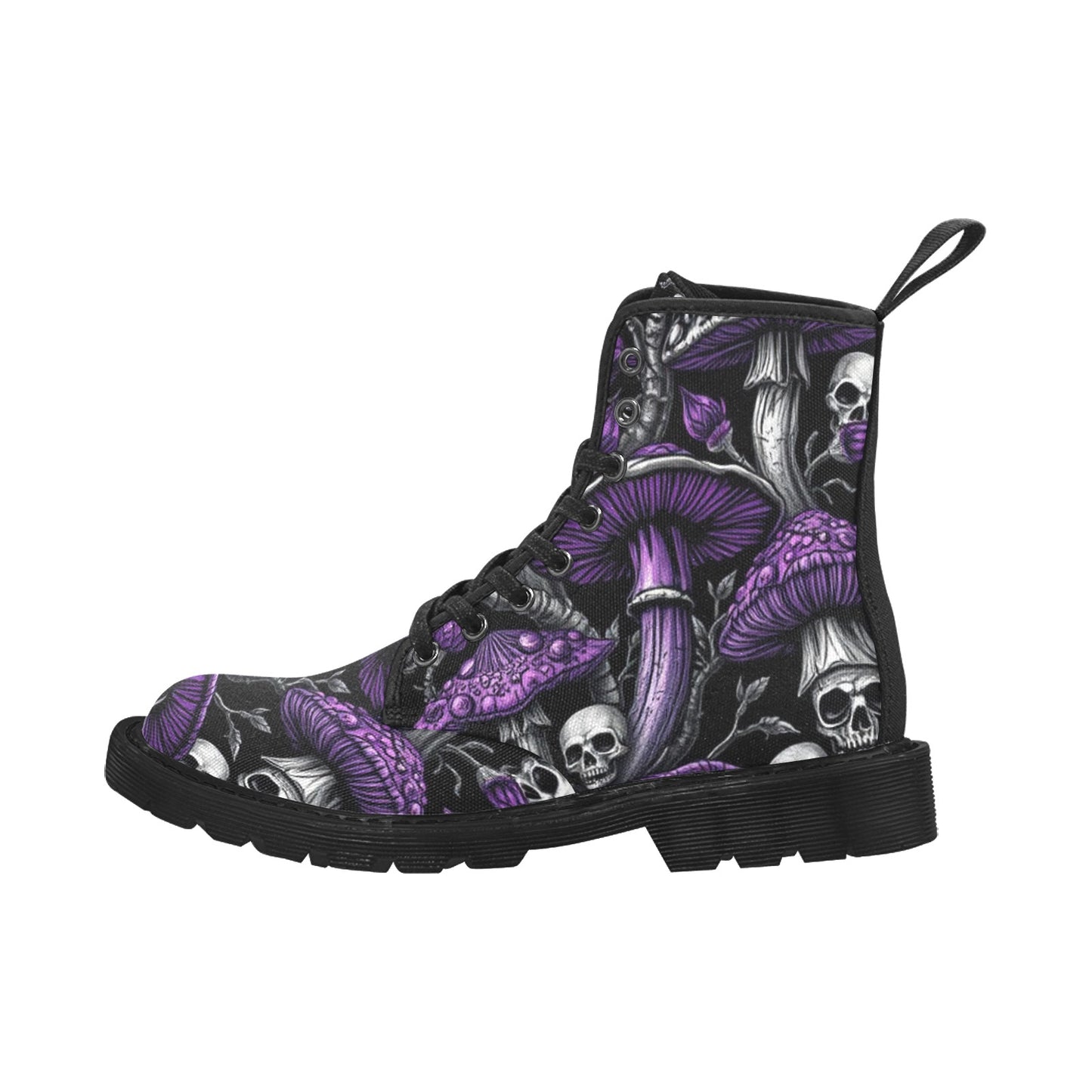 Men's Lace Up Canvas Boots Gothic Purple & Black Mushrooms and Skull Combat Boot Trendy