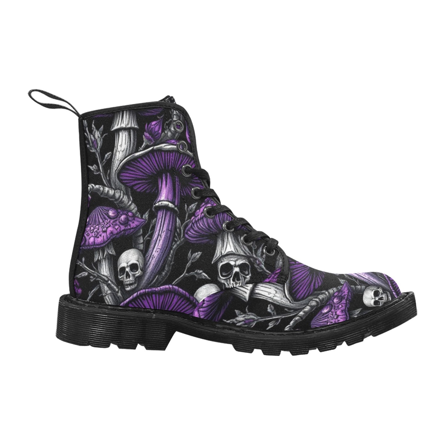 Gothic Purple & Black Mushrooms and Skull Combat Boots – Women’s Winter Lace-Up Canvas Boots Trendy