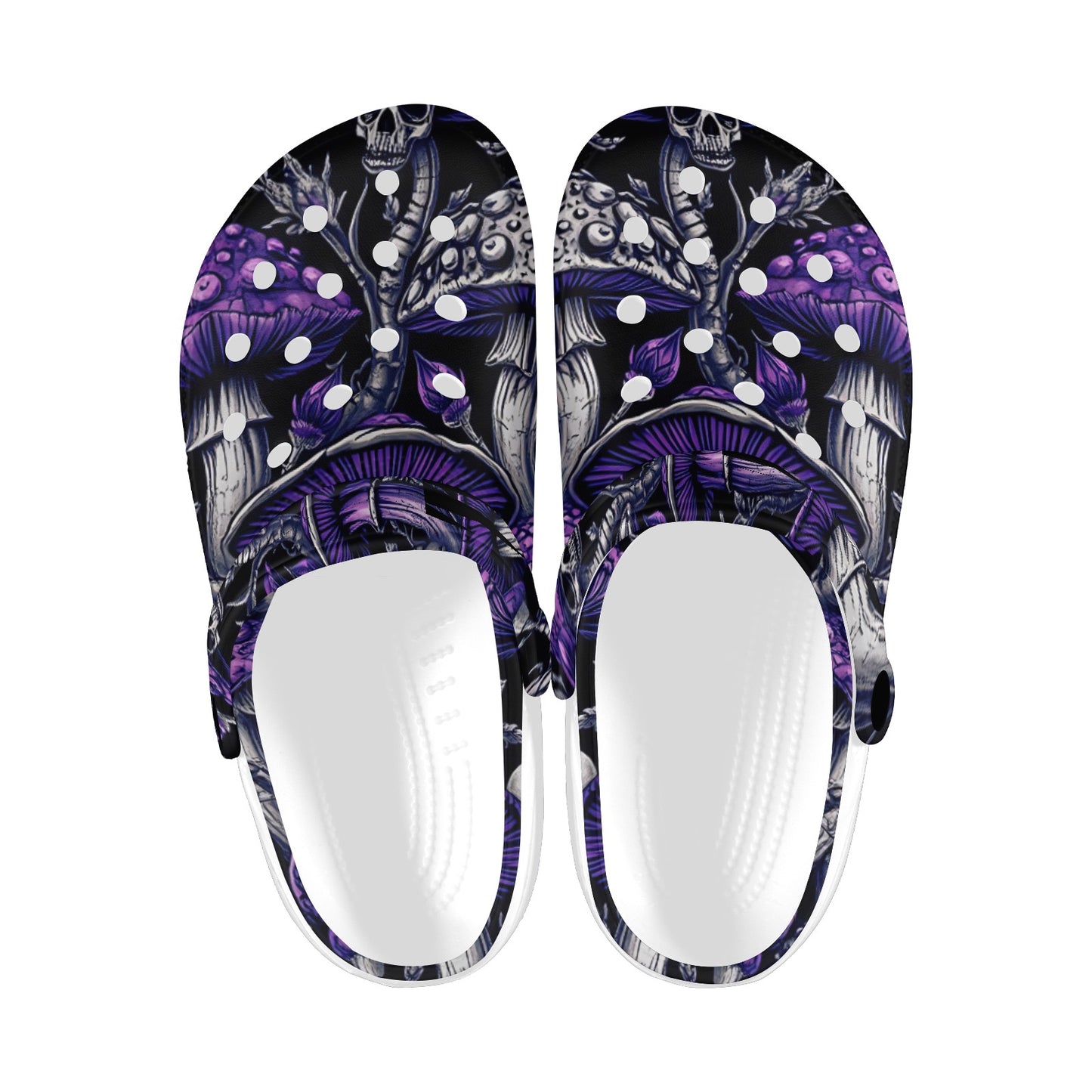 Custom Print Adults Clogs Gothic Purple Mushrooms and Skulls Trendy Lightweight