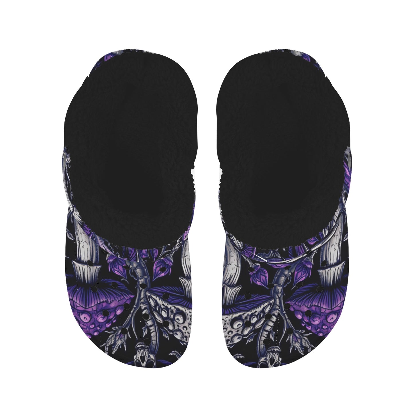 Custom Print Fleece Lined Adults Clogs Gothic Trendy Purple Mushrooms and Skulls