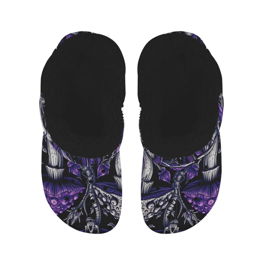 Custom Print Fleece Lined Adults Clogs Gothic Trendy Purple Mushrooms and Skulls