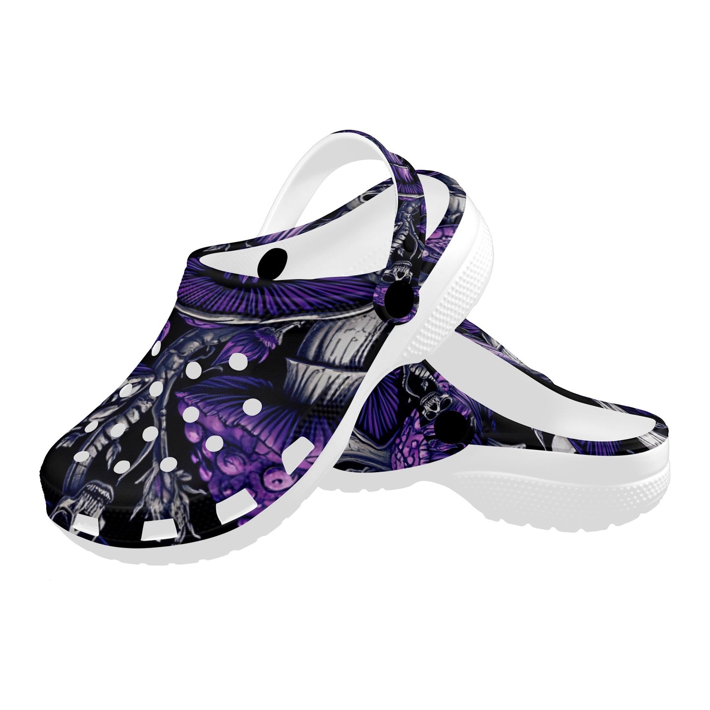 Custom Print Adults Clogs Gothic Purple Mushrooms and Skulls Trendy Lightweight