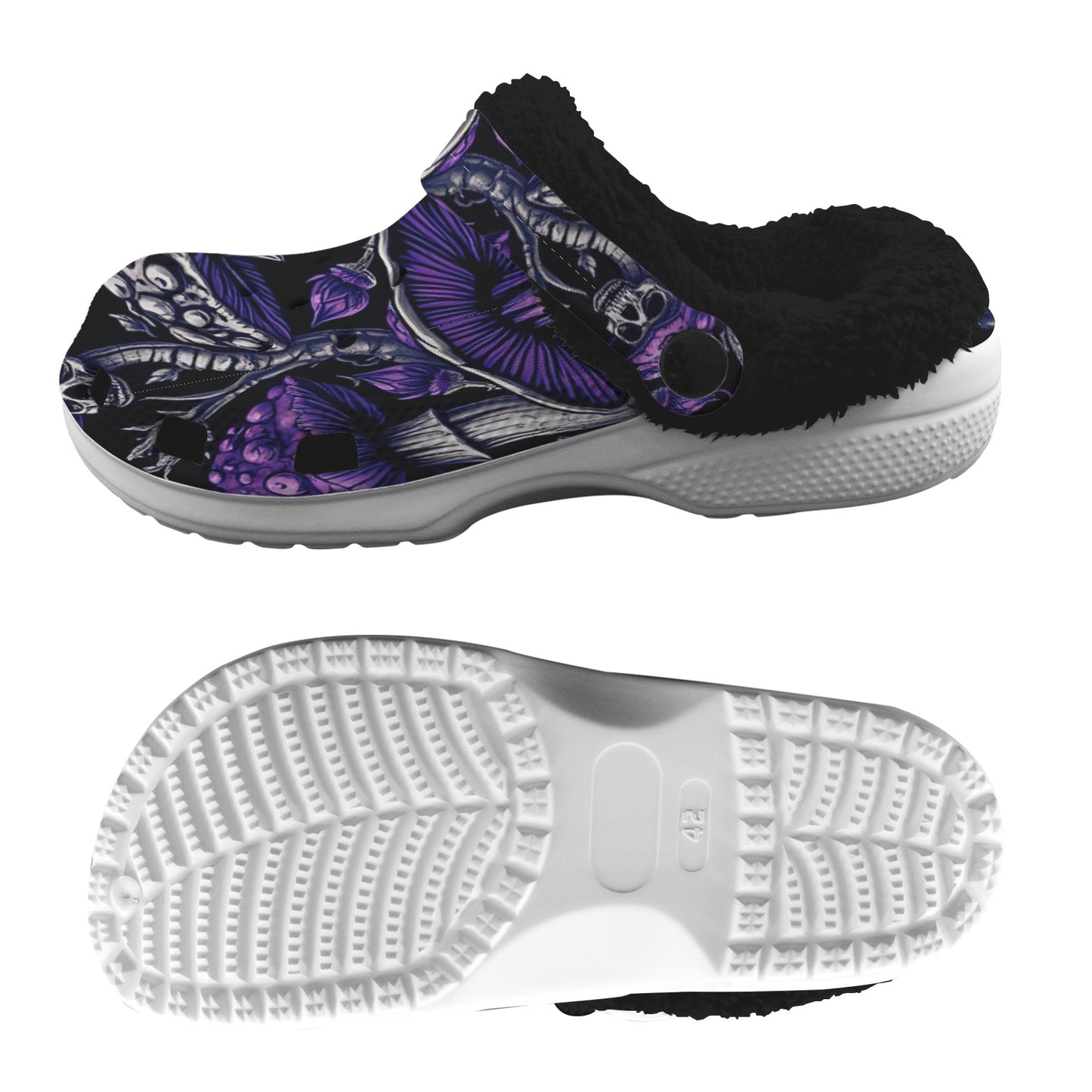 Custom Print Fleece Lined Adults Clogs Gothic Trendy Purple Mushrooms and Skulls