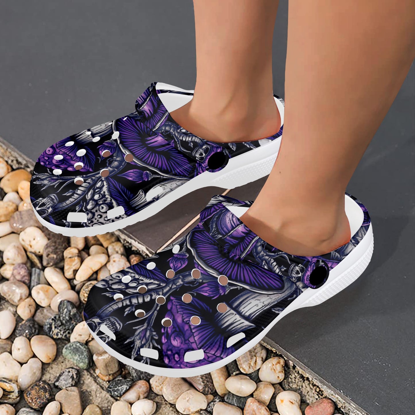 Custom Print Adults Clogs Gothic Purple Mushrooms and Skulls Trendy Lightweight