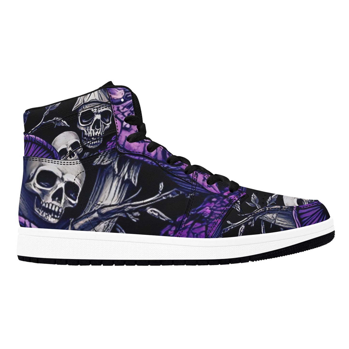 Men's High Top Basketball Sneakers Gothic Purple Mushrooms & Skulls