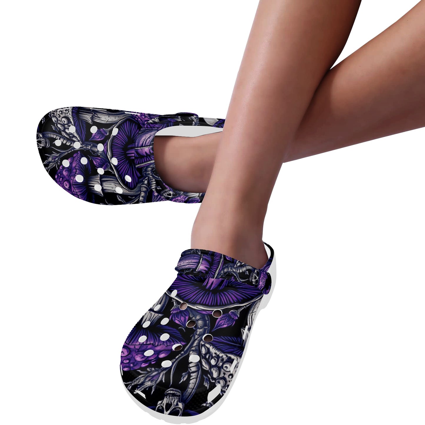 Custom Print Adults Clogs Gothic Purple Mushrooms and Skulls Trendy Lightweight