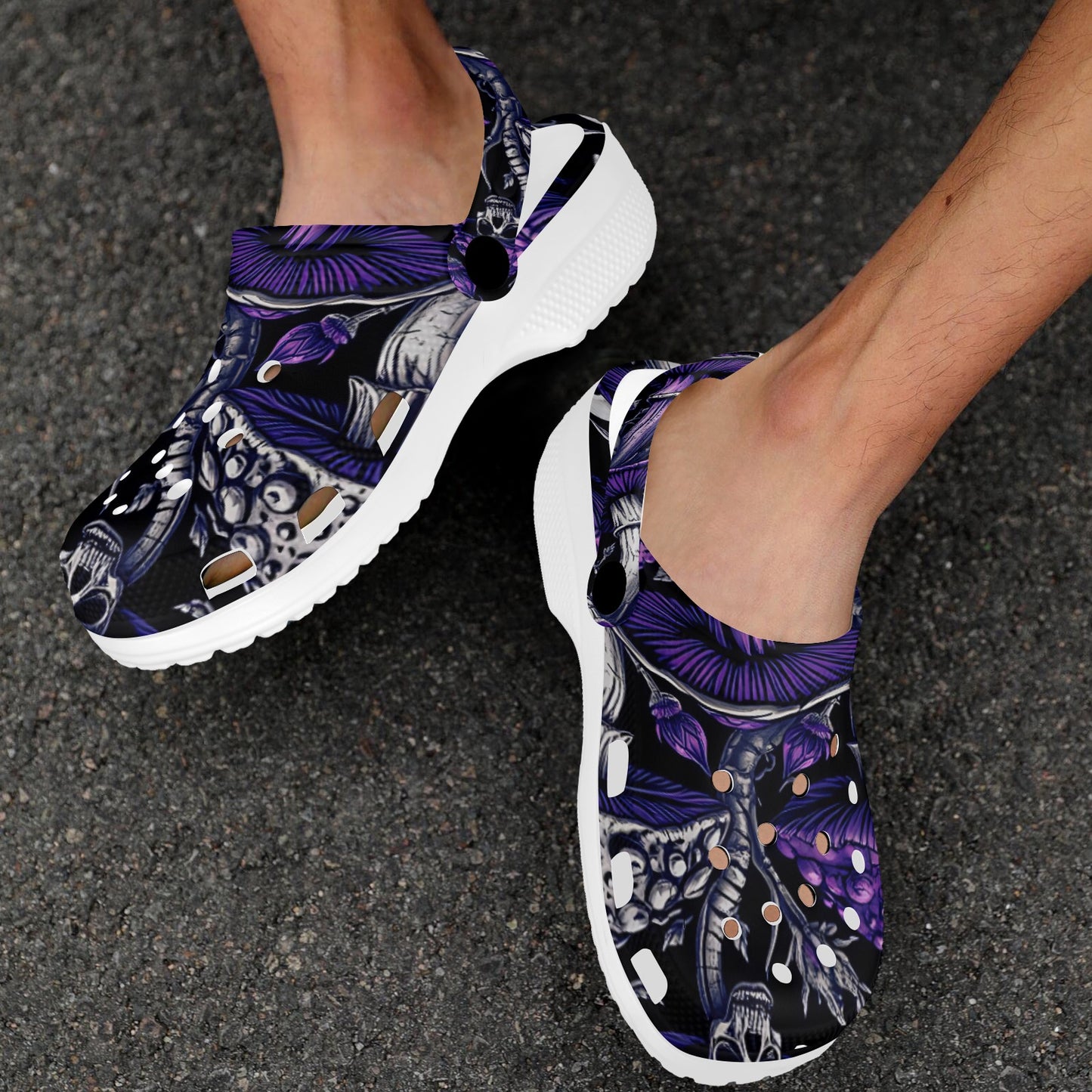 Custom Print Adults Clogs Gothic Purple Mushrooms and Skulls Trendy Lightweight