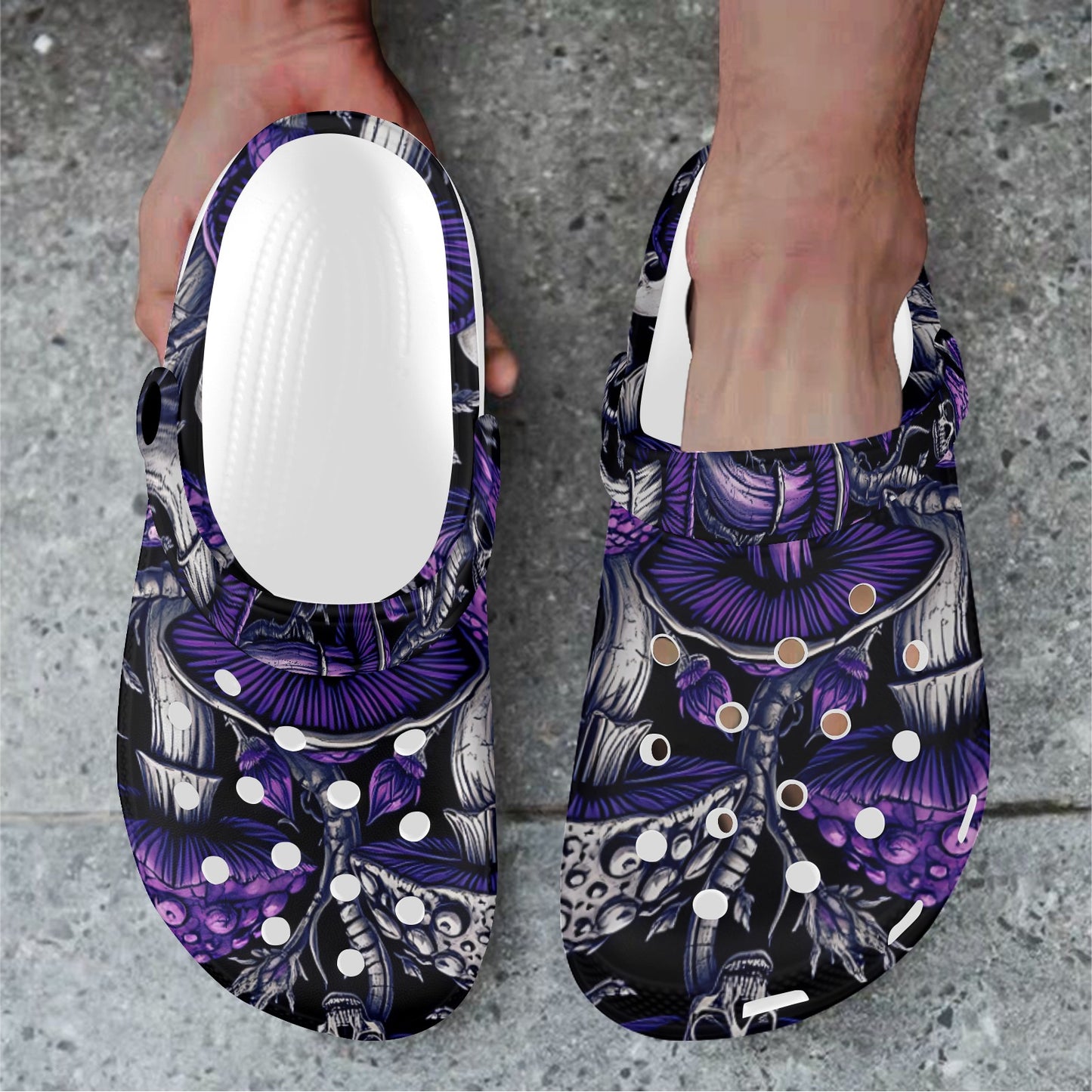 Custom Print Adults Clogs Gothic Purple Mushrooms and Skulls Trendy Lightweight