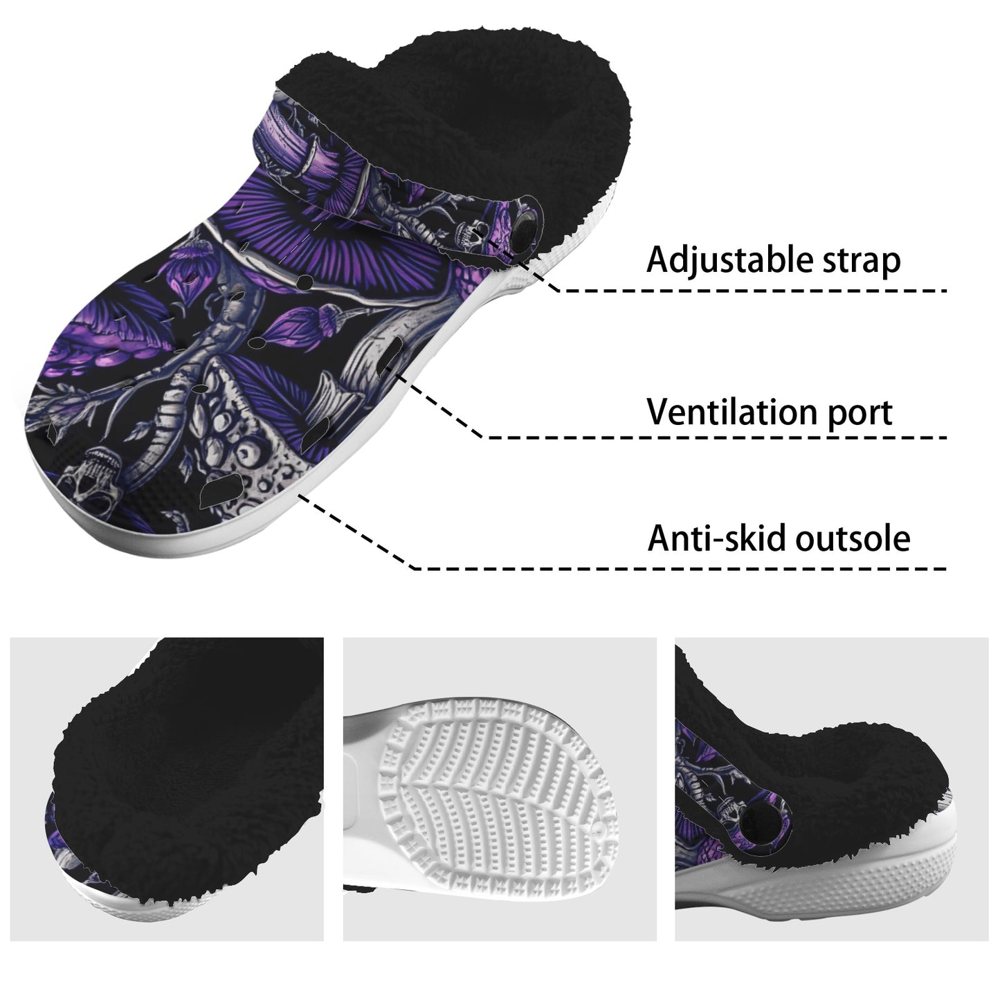 Custom Print Fleece Lined Adults Clogs Gothic Trendy Purple Mushrooms and Skulls