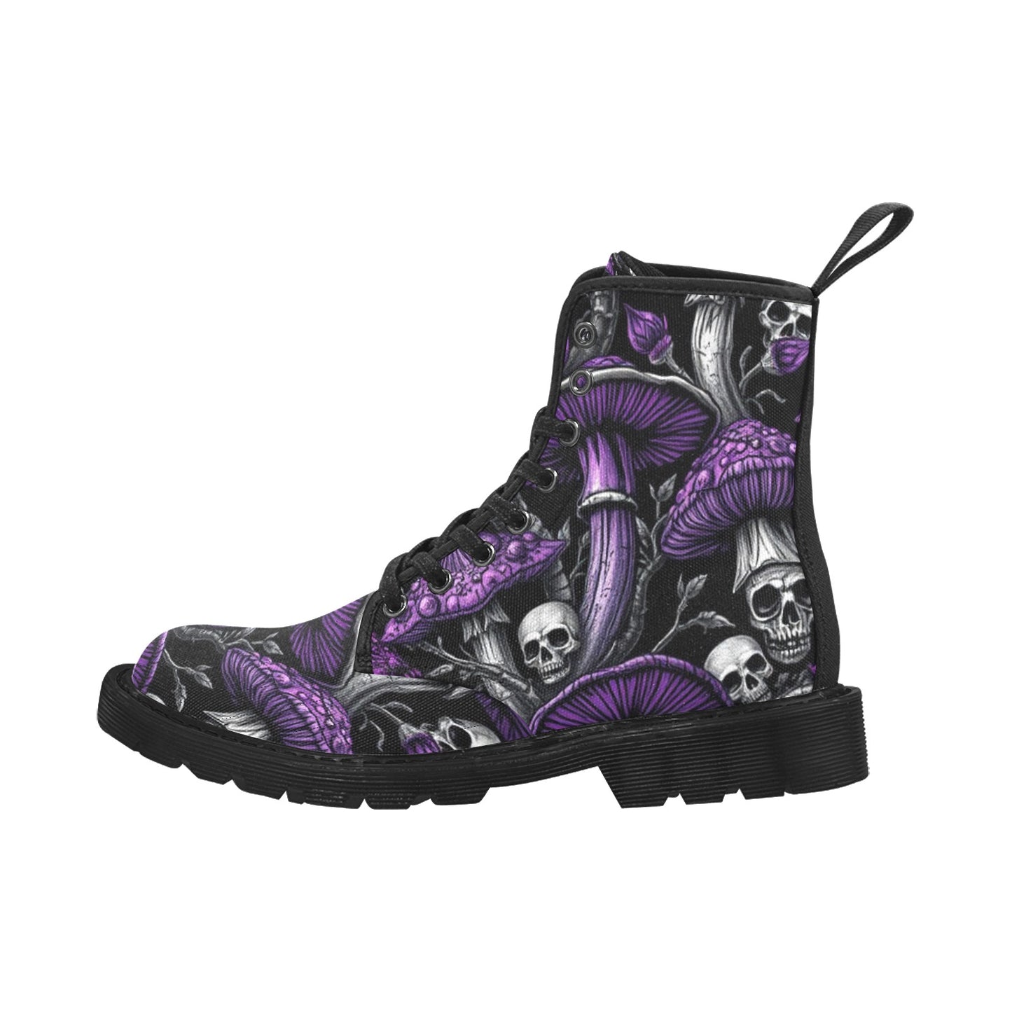 Gothic Purple & Black Mushrooms and Skull Combat Boots – Women’s Winter Lace-Up Canvas Boots Trendy