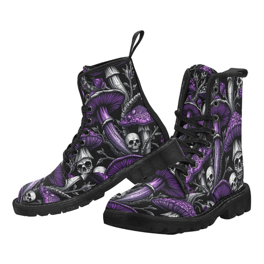 Gothic Purple & Black Mushrooms and Skull Combat Boots – Women’s Winter Lace-Up Canvas Boots Trendy